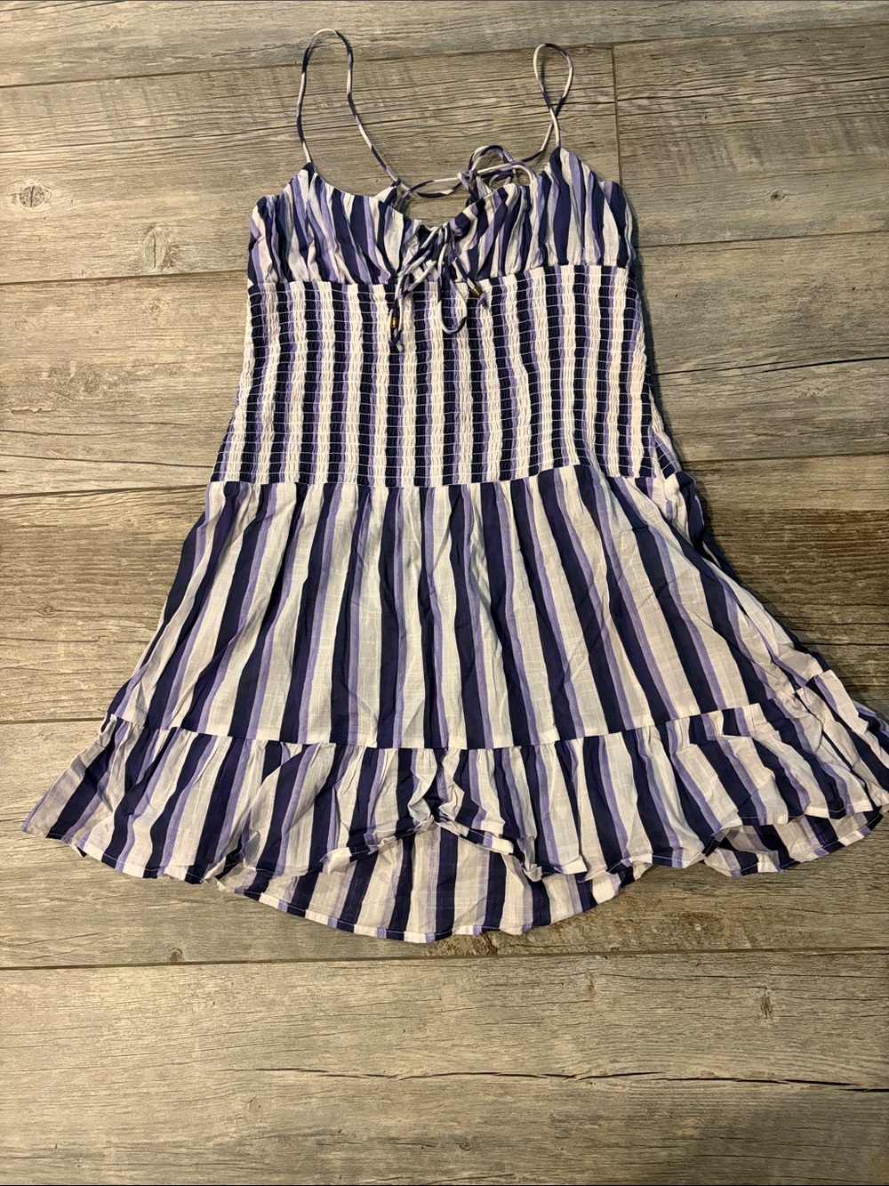 Anthropologie purple striped mini dress adjustable straps /tie back Sz M